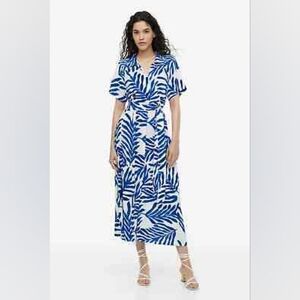 H&M Blue and White Leaf Print Wrap Dress